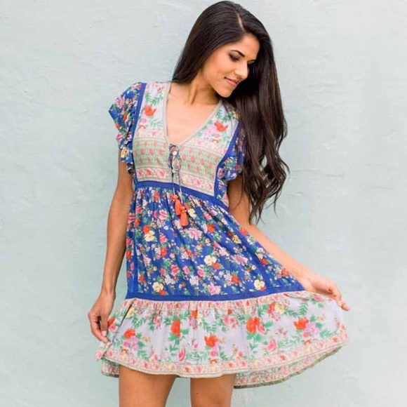 Boho gypsy floral print vneck ruffle mini dress - Picture 3 of 7